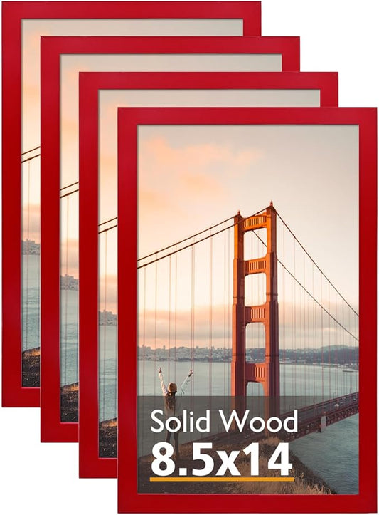 KINLINK 8.5x14 Picture Frames Red, Solid Wood Frames with Acrylic Plexiglass for 8.5x14 without Mat, Tabletop and Wall Display Photo Frame, 4 Pack