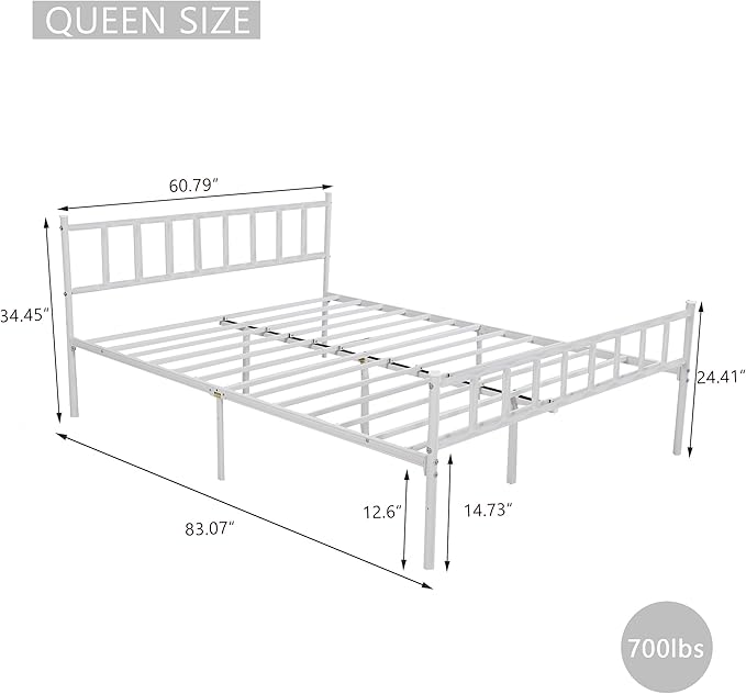 Metal Platform Queen Bed Frame with Headboard Sturdy Steel Slats Support No Box Spring Needed Easy Assembly White