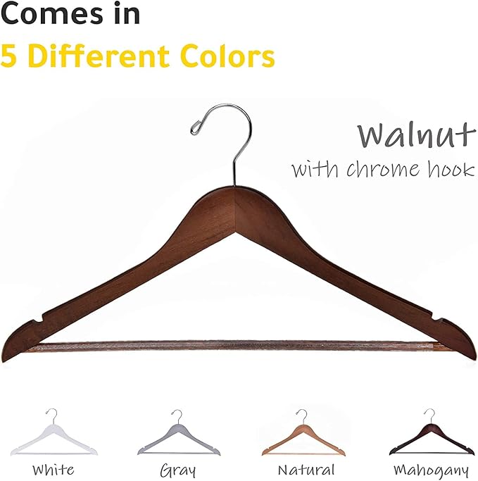 Quality Wooden Hangers - Slightly Curved Hanger 30-Pack Sets - Solid Wood Coat Hangers with Stylish Chrome Hooks - Heavy-Duty Clothes, Jacket, Shirt, Pants, Suit Hangers (Walnut - Chrome Hook, 30)