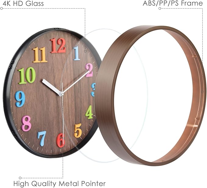 Topkey 12”Silent Round Wall Clock for Children Non-Ticking Colorful Arabic Numerals Easy Read Clock for Living Room, Bedroom,School and Nursery Battery Not Included - Brown