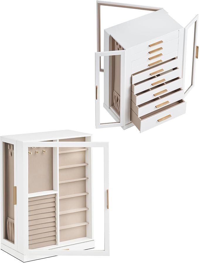 360° Rotating Jewelry Box with 9 Drawers, Spacious Vertical Jewelry Organizer with Glass Window, Jewelry Storage Case, Dustproof & Moisture-resistant Design, White