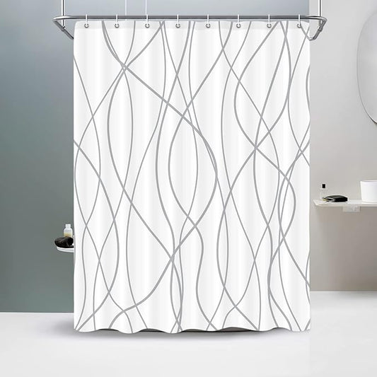 Punkray Grey and White Striped Polyester Shower Curtain for Bathroom with Hooks, Weighted Hem Water Repellent Washable, 60 x 72