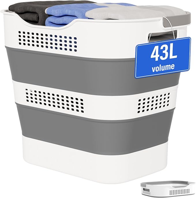 43L(11.5Gallon) Collapsible Laundry Basket with Handles, Foldable Laundry Basket Plastc,Pop Up Tall Storage Container/Organizer/Clothes Hamper for Laundry (Grey,1 Pack)