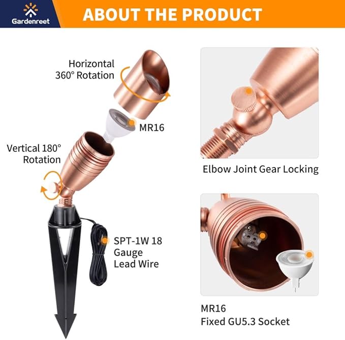 Spot Light Brass - Outdoor Landscape Spotlights LED, 12V Low Voltage Landscaping Uplights, Hard-Wired All Weather Copper for Backyard Lawn with Day Light Changeable Bulbs (8 Pack)