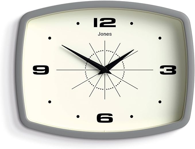 JONES CLOCKS® Movie Wall Clock | Rectangular Retro Clock | 25cm | Gray | Cool mid-Century Designer Look for Kitchen, Living Room or Office