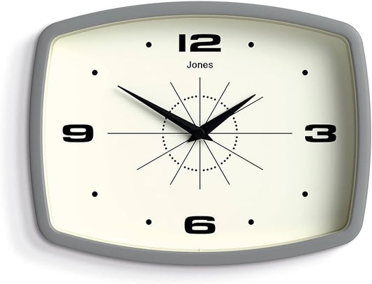 JONES CLOCKS® Movie Wall Clock | Rectangular Retro Clock | 25cm | Gray | Cool mid-Century Designer Look for Kitchen, Living Room or Office
