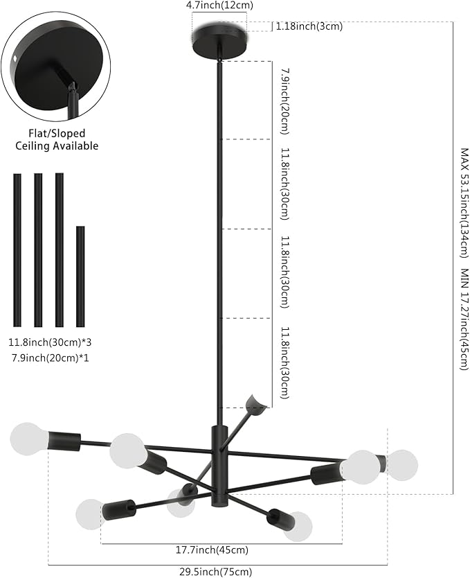 Modern Chandelier Ceiling Light Fixture, 53InchH Sputnik Chandeliers for Dining Room Hanging Light Fixtures Over Table Height Adjustable for Bedroom Kitchen Island Foyer 8-Light Black