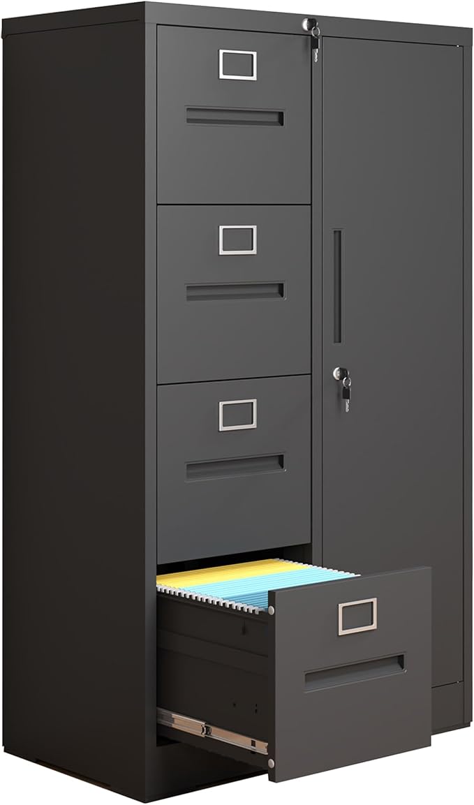 4 Drawer File Cabinet with 1 Door,Black Metal Storage Locker Cabinets for Employees,Home Office Lockable Steel Filing Cabinets for Legal/Letter Size Files, Assembly Required