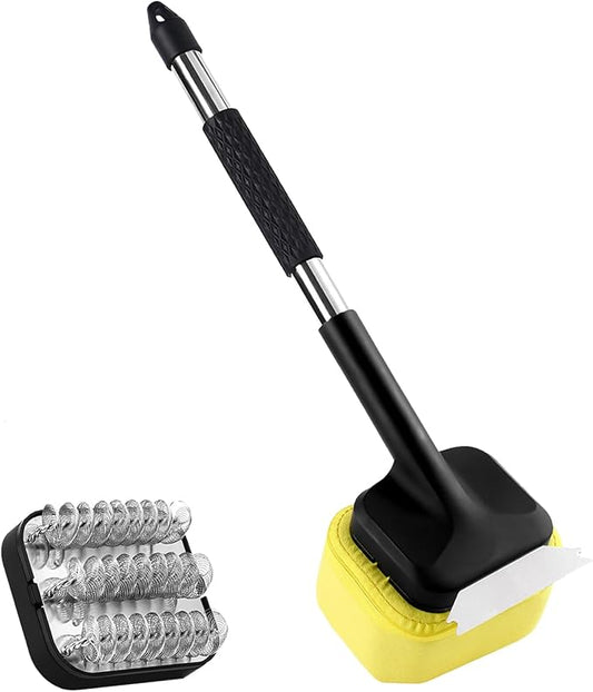 Hairless Grill Brush Set, with Scraper Heat-Resistant Cloth Brush Head and Stainless Steel Spring Brush Head Removable and Replaceable,Suitable for Cast Iron and Stainless Steel Grates