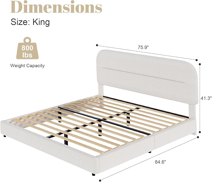 HOMBCK King Size Bed Frame, Upholstered Boucle Bed Frame King with Headboard, Soft Cloud Bed Frames with Thickened Footboard, Rounded Corners, No Box Spring Required, Easy Assembly, Cream