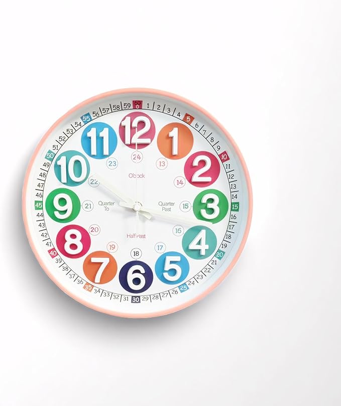 Learning Time Clock for Kids,12 Inch 3D Numbers Colorful Clock Face Silent Clocks，Bedroom,Kitchen,Classroom,Décor at School, Clear Digital Wall Clock for Kids Room(3D Peach Pink Luminous)