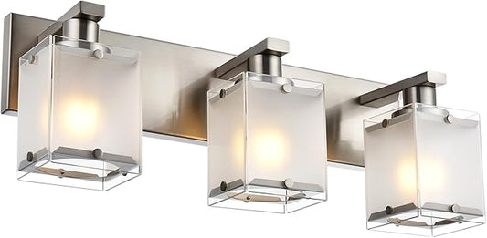 Modern 3-Lights Brushed Nickel Vanity Lights, Bathroom Light Fixture Over Mirror Wall Lighting Sconces with Frosted Glass Shades, E26 Bulb Base