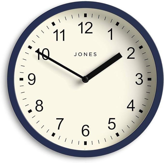 JONES CLOCKS® Spin Wall Clock | Small Modern Round Clock | 8inch | Dark Blue | Easy to Read Numbers | Ideal for Kitchen, Office, Children’s Room or Any Small Space