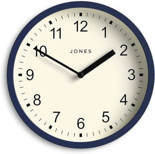JONES CLOCKS® Spin Wall Clock | Small Modern Round Clock | 8inch | Dark Blue | Easy to Read Numbers | Ideal for Kitchen, Office, Children’s Room or Any Small Space