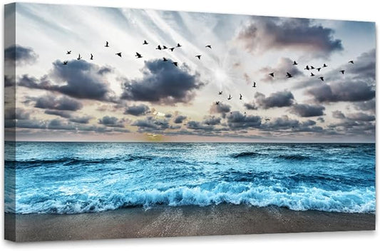 MHARTK66 Black And White Beach Wall Painting - Canvas Wall Art For Living Room, Bedroom, Office - Blue Sea Wave Pictures - Modern Hotel Room Home Decor - 20x40 In