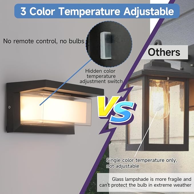 Outdoor Porch Light 24W Outdoor Wall Sconce Lights 3 Color 3000K/4000K/6500K Outdoor Light Fixture 2100LM IP65 Waterproof for House Garage Exterior Lighting fixtures Backyard Garden 1 Pack