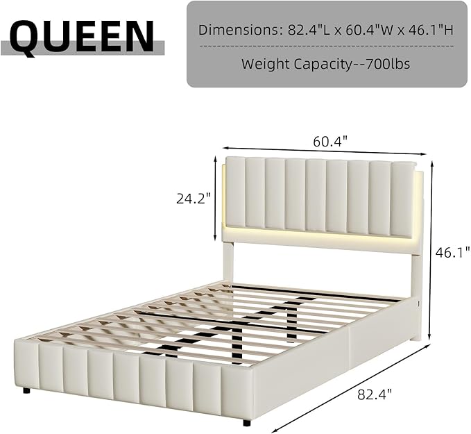 Queen Bed Frame with LED Lights and Headboard, Modern Upholstered Faux Leather Platform Bed with Wooden Slats Support, No Box Spring Needed, Easy Assembly, Cream