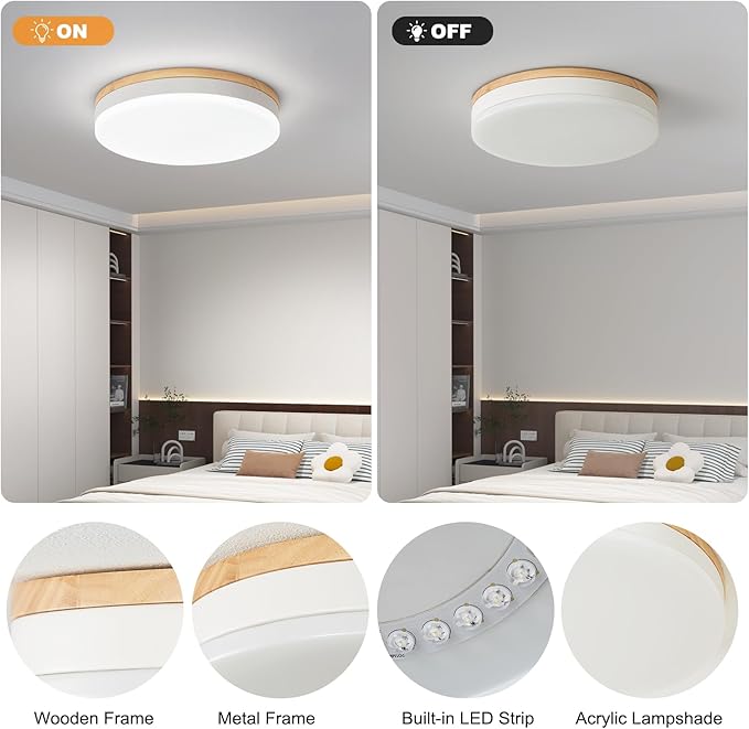 Modern Dimmable White Ceiling Lights with Remote, 11.8in Wood Flush Mount Ceiling Light Fixtures, 24W 3000K-6000K Color Adjustable, 2200LM Round Ceiling Lamp for Bedroom, Kitchen, Hallway