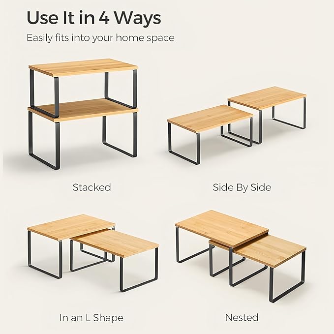 2 Pack Cabinet Organizer Shelves, Stackable and Expandable Kitchen Counter Shelf, for Kitchen Cabinet Countertop Storage, Spice Rack, Metal and Premium Bamboo (Black, 11.7" W)