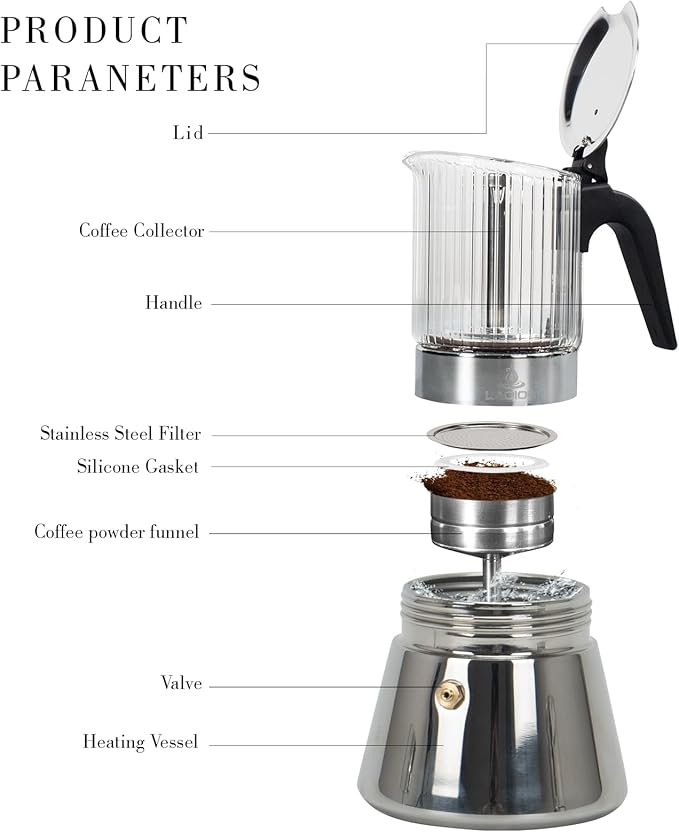 Stovetop Espresso Maker, 6Cup 240ml Moka Pot, Crystal Glass-top & Stainless Steel Coffee Maker Mocha Pot, Greca De Cafe, Cuban and Italian Coffee Maker for Cafetera Cubana