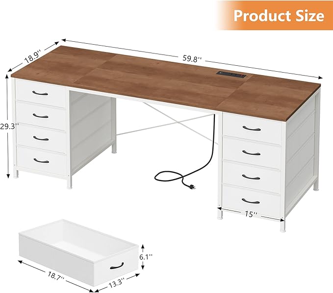 60 Inch Computer Desk with 8 Drawers, Home Office Desk with Power Outlets, Work Study Gaming Desk with 8 Fabric Drawers, Brown and White