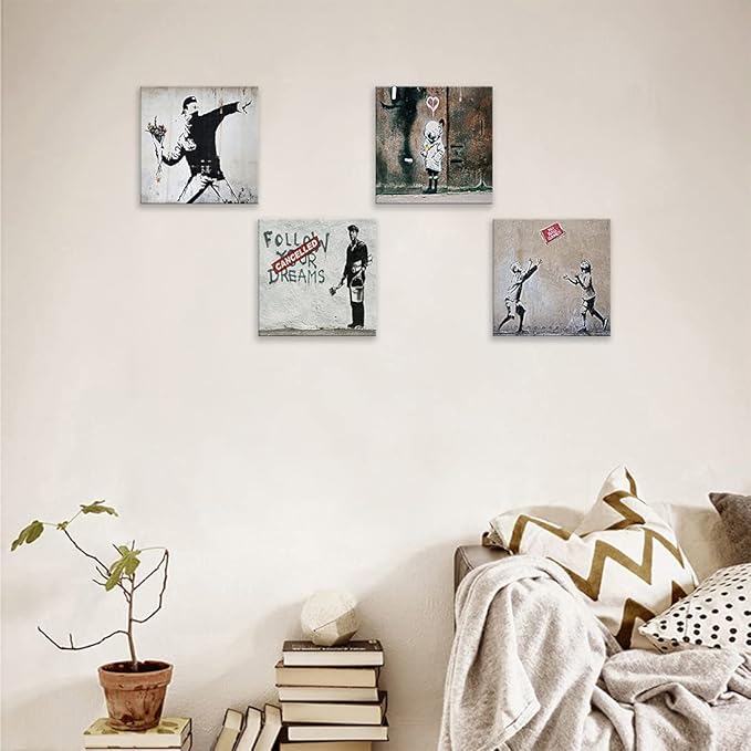 Cortolar Banksy Canvas Wall Art Graffiti Print Picture Abstract Painting for Bedroom Living Room Bathroom Wall Decor (12"x12"x4-B)