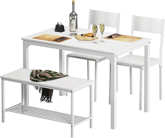 soges 4 Pieces Dining Table Set, 43.3 inch Kitchen Table Set for 4, Dining Set with 2 Chairs and Bench with Storage Rack, Nesting Furniture Set for Dining Room, Kitchen, Restaurant, White