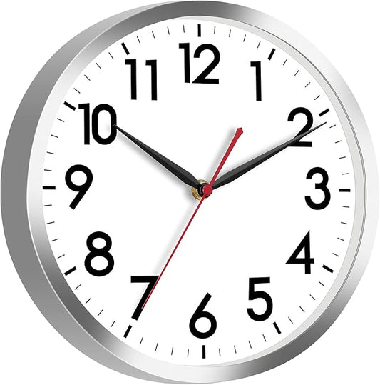 AKCISOT Wall Clock 12 Inch Silent Wall Clocks Battery Operated Non Ticking - Modern Silver Clock Decorative for Kitchen, Bathroom, Bedroom, Living Room, Office, Home