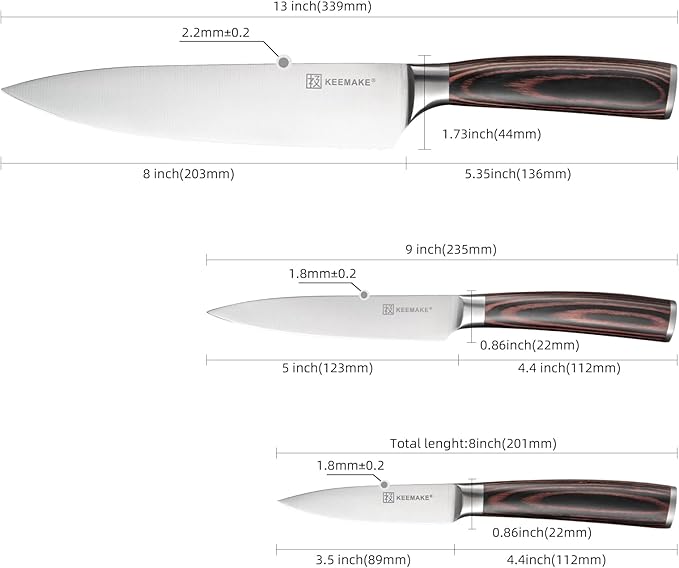 KEEMAKE Knife Set 3 Pieces - Kitchen Knives 1.4116 High Carbon Stainless Steel Professional Chef Knife Set, Razor Sharp Cooking Knife with Ergonomic Pakkawood Handle for Home Cooking and Restaurant