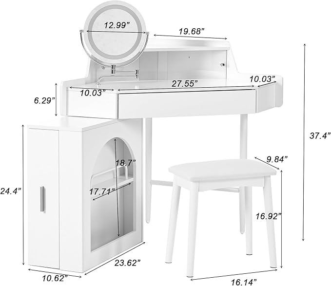 Merax Corner Vanity Desk with Mirror & LED Lights & Stool, Modern Makeup Vanity Table with Drawer Shelf Cabinet for Bedroom, Brightness Adjustable Folding Mirror (White)