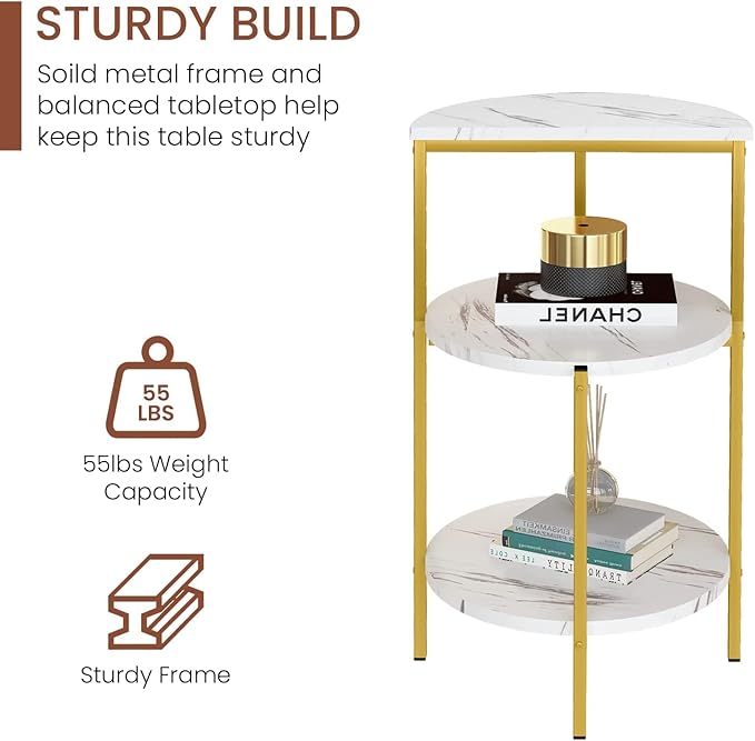 AWQM Marble Side End Table, 3-Tier Sofa Side Table,Small Round Coffee Table Bedside Table, Corner Table w/Metal Frame for Living Room Bedroom, White+Gold