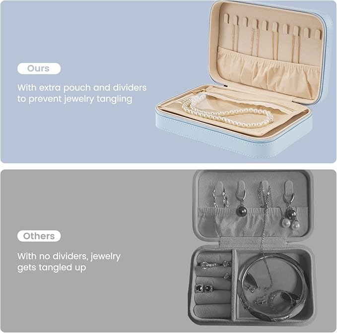 Lolalet Travel Jewelry Case for Women, Travel Jewelry Organizer Box with Mirror & Clear Storage Bag, Small Portable Traveling Earring Necklace Bracelet Ring Case, Bridesmaid Gifts -Medium, Blue