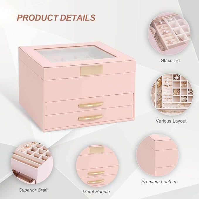 Jewelry Holder Organizer,3 Tiers Leather Jewelry Set Box with 2 Drawers,Jewelry Box for Women Girls,Large Capacity Jewelry Holder Box (Pink)