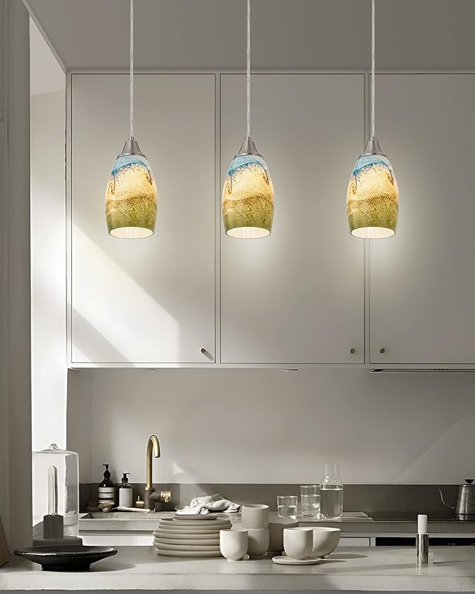 3pack Mini Pendant Lights Kitchen Island Hand Blown Art Glass Hanging Ceiling Pendant Light Over Kitchen Sink Glass Pendant Light Shade for Coffee Bar,Dining Room,Stairs Multi Color