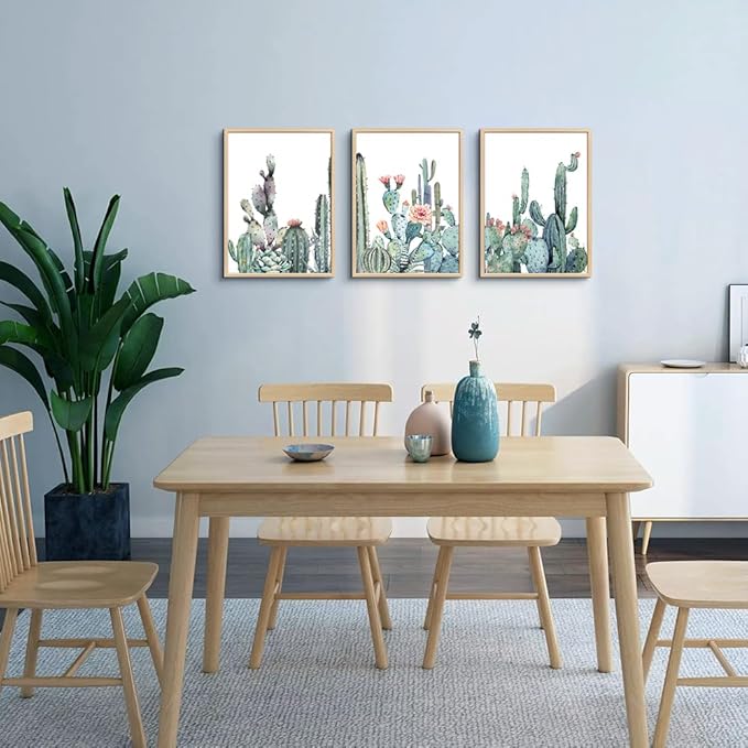 Framed Wall Art For Living Room Wall Decor Bedroom Wall Picture Artwork Of 3 Piece Green Plants Succulent Cactus Flower Painting Ready To Hang Modern Kitchen Home Decoration (Natural Wood Framed)