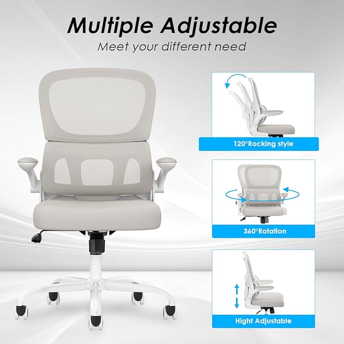 Soohow Office Chair, Mesh Ergonomic Office Chair with Lumbar Support, Comfy Computer Desk Chair with Flip Armrest Rolling Wheels for Home Study Room Office, White & Khaki