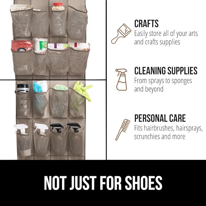 GORILLA GRIP Over the Door Shoe Organizer, 24 Large Breathable Mesh Pockets, Space Saving Hanging Storage Holder, Closet Rack Hanger Holds Up to 40 lbs, Hangs on Closets for Shoes, Accessories, Beige