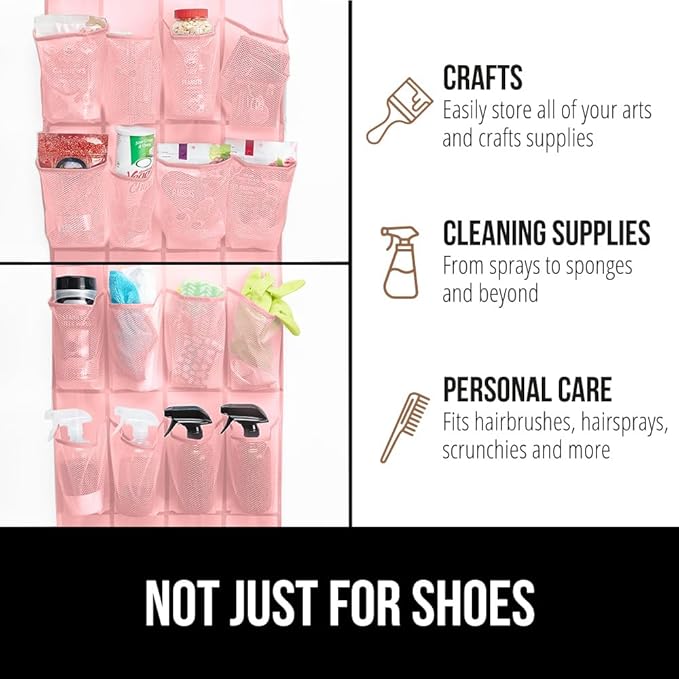 GORILLA GRIP Over the Door Shoe Organizer, 24 Large Breathable Mesh Pockets, Space Saving Hanging Storage Holder, Closet Rack Hanger Holds Up to 40 lbs, Hangs on Closets for Shoes, Accessories, Pink