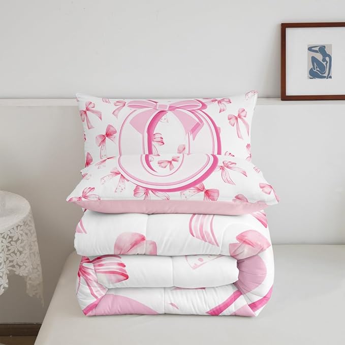 jejeloiu Kids Girls Cute Pink Bow Comforter Set Queen Size Monogrammed Bedding Set Ultra Soft Personalized Initial O Duvet Quilt Coquette Bow Knot Quilt Set Room Decor Modern Fashion Comforter