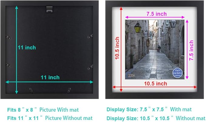 RPJC 11x11 Picture Frame Made of Solid Wood and High Definition Glass Display Pictures 8x8 with Mat or 11x11 Without Mat for Wall Mounting Photo Frame Black