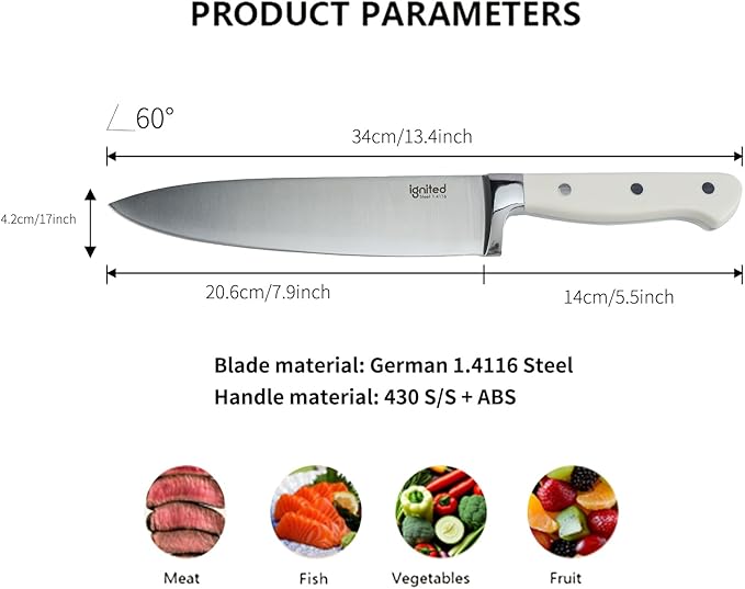 8 inch Chef Knife, High Carbon 1.4116 German Steel Kitchen Knife, Ultra Sharp Chefs Knife with Beautiful White ABS Handle, Professional Cooking Knife with Luxury Gift Box