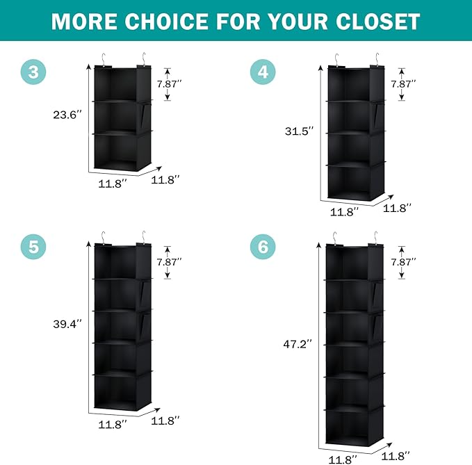 Hanging Closet Organizer, 4-Shelf Closet Hanging Storage Shelves, Black