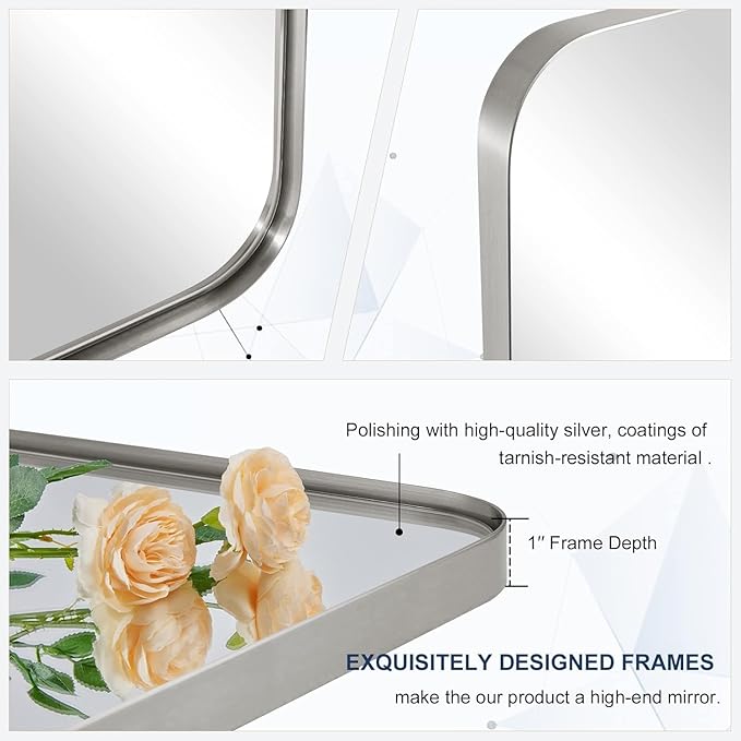 28"x36" Brushed Nickel Pivot Bathroom Mirror, Silver Metal Framed Rounded Rectangular Wall Mirrors, Tilting Beveled Vanity Mirror, Wall-Mounted Mirrors Hangs Vertically Only(Overall 31.75" x 36")