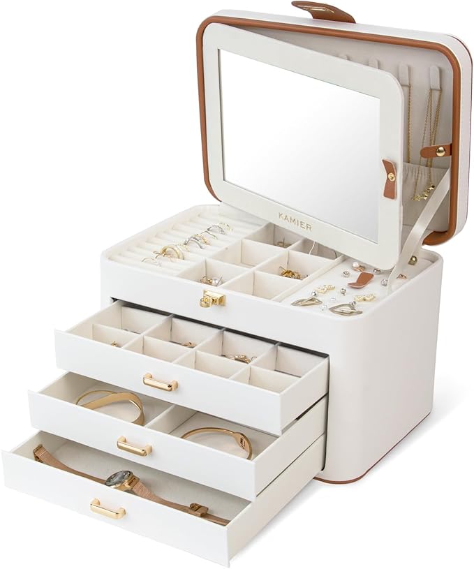 KAMIER Jewelry Boxes for Women, 4 Layer Jewelry Organizer with Mirror, 3 Drawers, Jewelry Storage Box, Christmas Gift, for Earring, Necklace, Bracelet, Ring, White