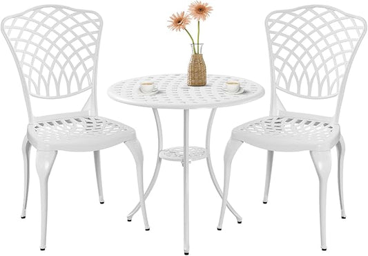 3 Piece Outdoor Bistro Set, Cast Aluminum Outdoor Bistro Table and Chairs Set of 2, Rust-Resistant Patio Furniture Set, White Bistro Set 3 Piece Outdoor for Garden, Backyard, Balcony