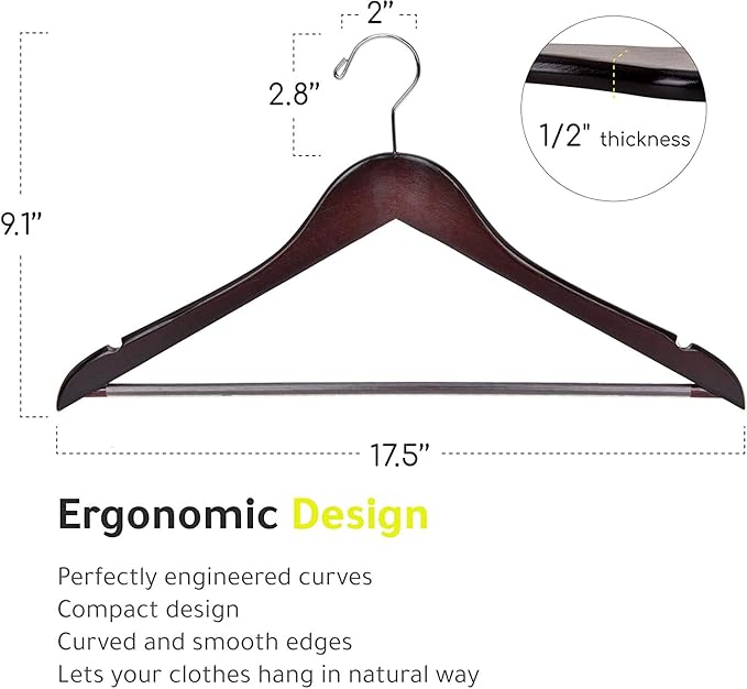 Quality Wooden Hangers - Slightly Curved Hanger 30-Pack Sets - Solid Wood Coat Hangers with Stylish Chrome Hooks - Heavy-Duty Clothes, Jacket, Shirt, Pants, Suit Hangers (Walnut - Chrome Hook, 30)