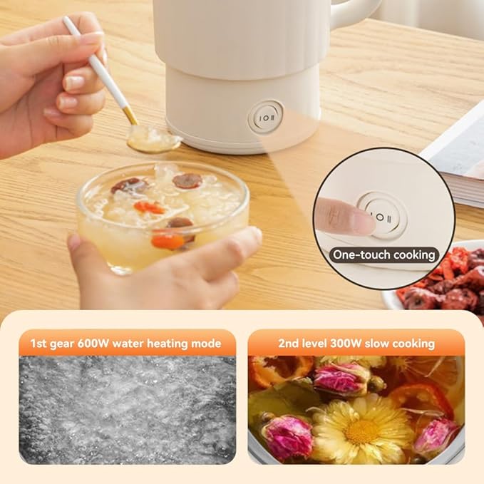 Travel Electric Kettle 304 Stainless Steel Small Portable Foldable Tea Kettle for Boiling Water Camping Traveling with 2 Gear 600ML 600W