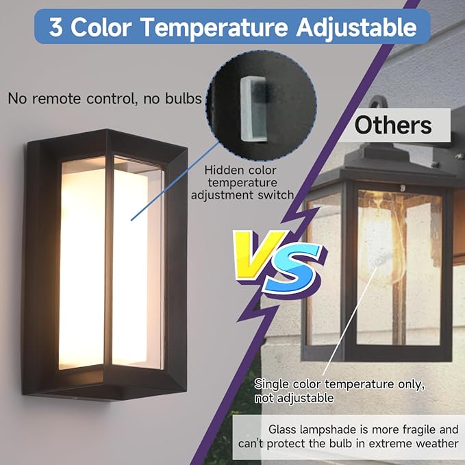 FUPE Outdoor Wall Lights LED 3 Color Outdoor Light Fixture Wall Mount Exterior Lights 2100Lm IP65 Exterior Wall Sconce,Rustproof Sconce with Double Shade,Matte Black Light for Porch 1 Pack