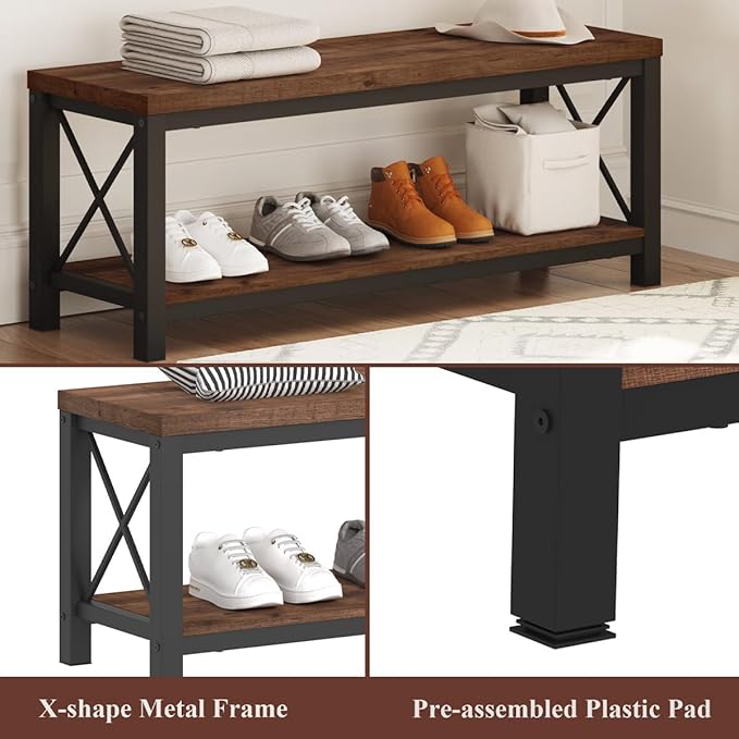 BON AUGURE 2 Tier Shoe Bench with Storage, Wood Metal Entryway Bench, Industrial Shoe Rack Benches for Entrance, Hallway, Mudroom, Bedroom, Indoor (Rustic Oak)