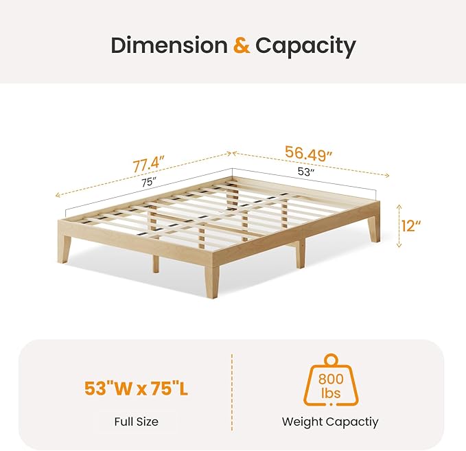 Full Size Wood Platform Bed Frame, 12 Inch Solid Wood Bed Frame with Wooden Slats, No Box Spring Needed, Easy Assembly, Rustic Pine